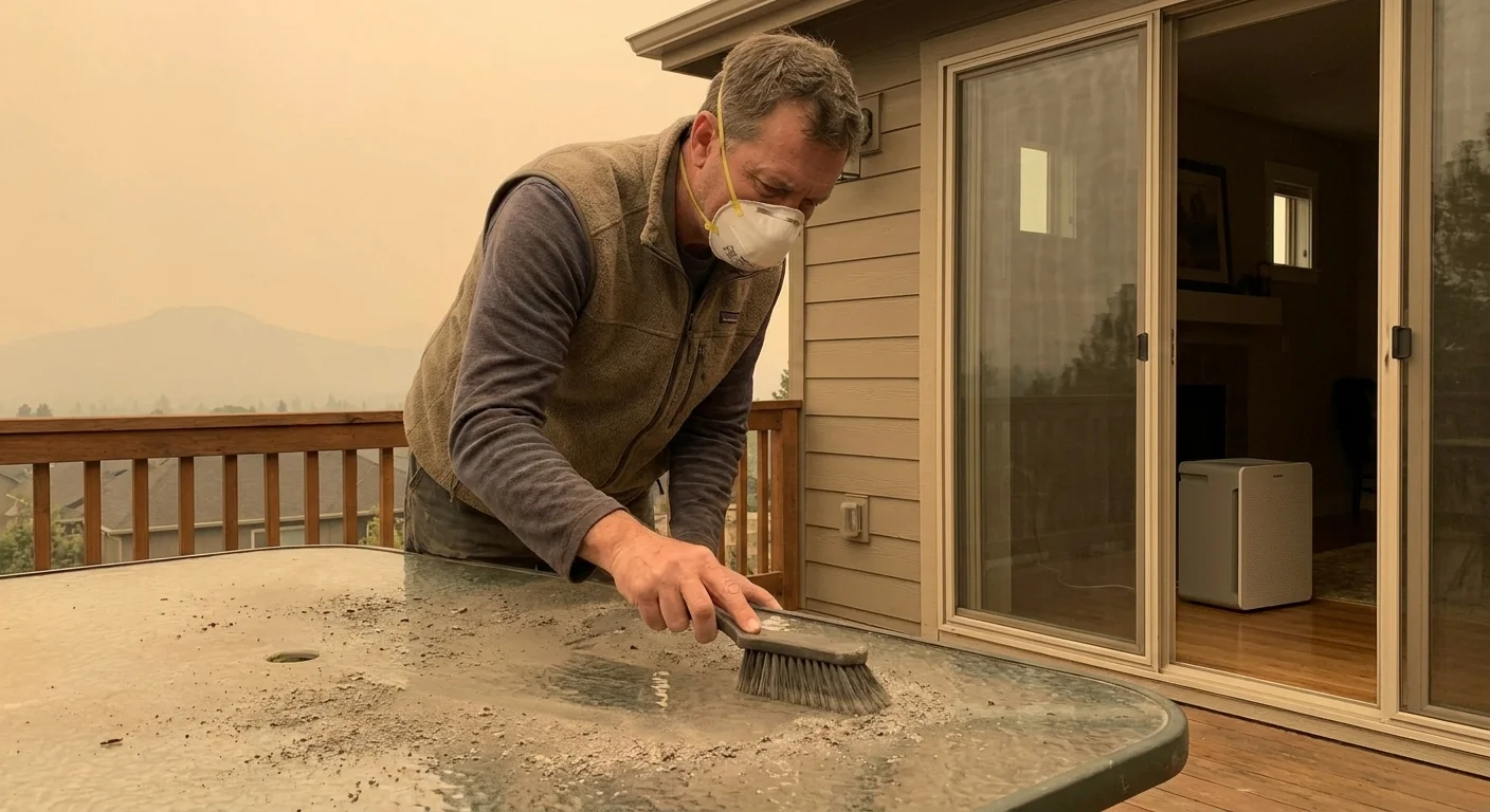 A man wearing a mask brushes wildfire ash off his patio table under a hazy, smoke-filled orange sky in Oregon.