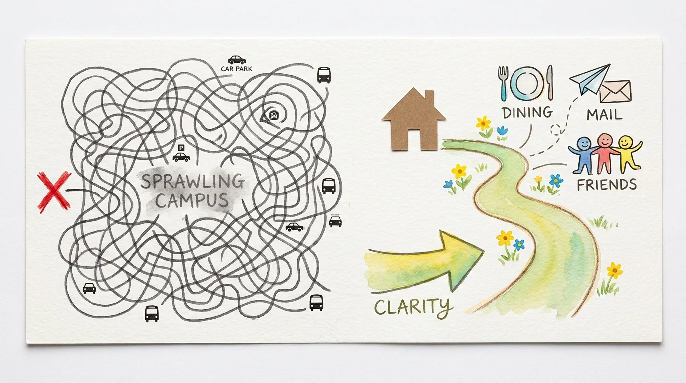 A map comparing a complex, gray maze of a campus to a short, simple green path leading to amenities.