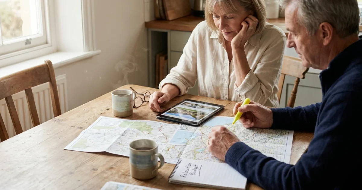 A mature couple at a kitchen table surrounded by maps and a tablet, planning their retirement relocation in a bright morning light.