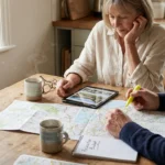 A mature couple at a kitchen table surrounded by maps and a tablet, planning their retirement relocation in a bright morning light.