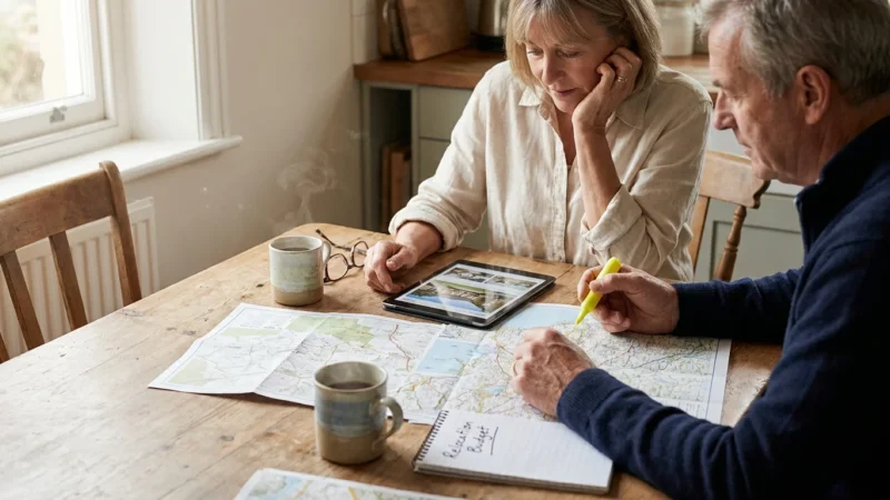 A mature couple at a kitchen table surrounded by maps and a tablet, planning their retirement relocation in a bright morning light.