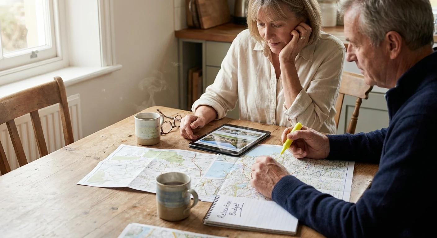 A mature couple at a kitchen table surrounded by maps and a tablet, planning their retirement relocation in a bright morning light.