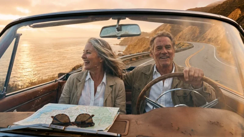 A mature couple enjoys a scenic coastal road trip at sunset, symbolizing the freedom and adventure of retirement travel.