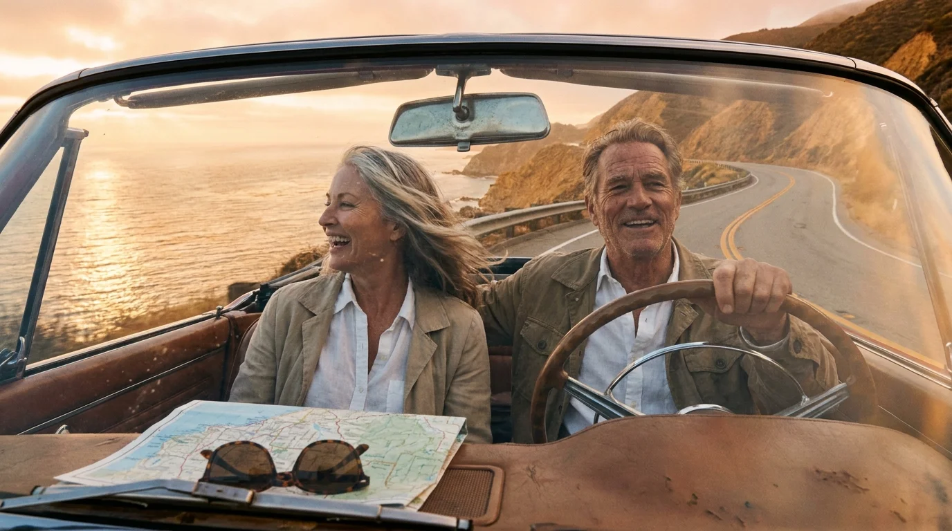 A mature couple enjoys a scenic coastal road trip at sunset, symbolizing the freedom and adventure of retirement travel.