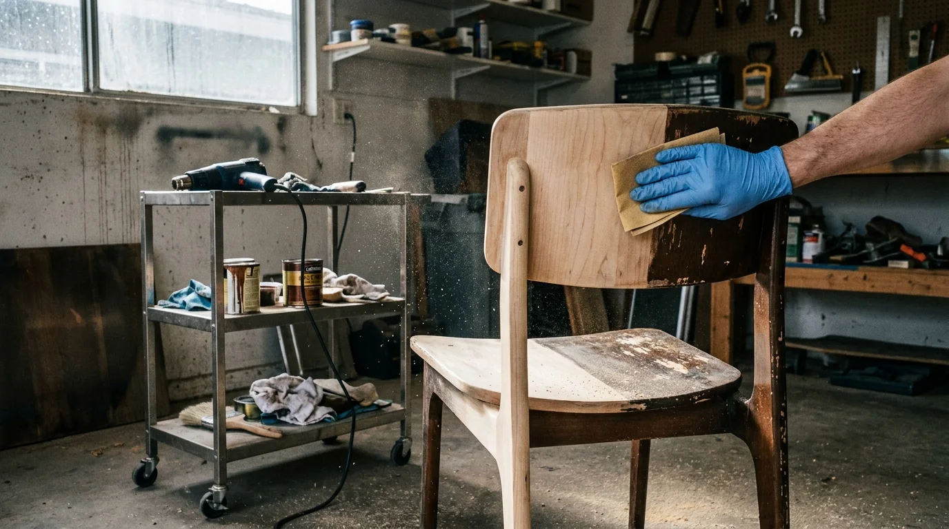 A mid-century chair being restored, showing the contrast between old varnish and raw wood.
