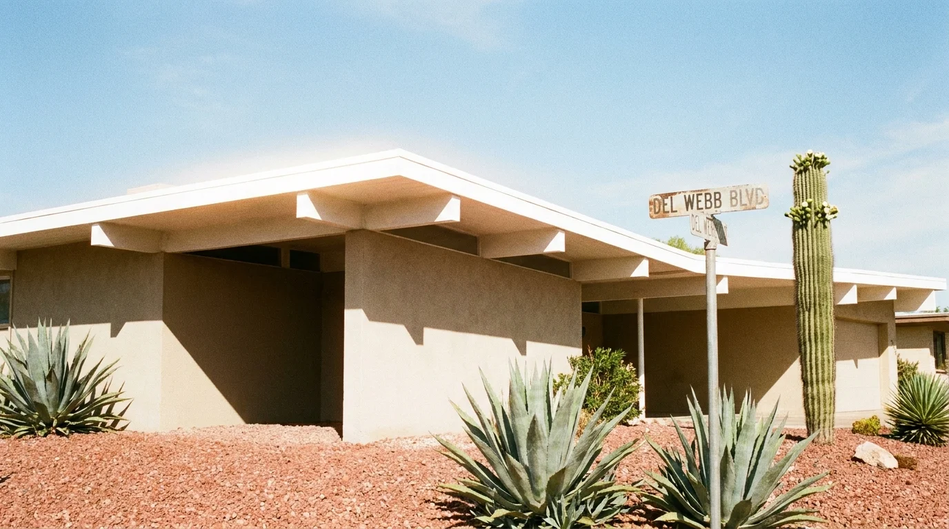 A mid-century modern ranch home in Sun City, Arizona, surrounded by desert landscaping under a bright blue sky.