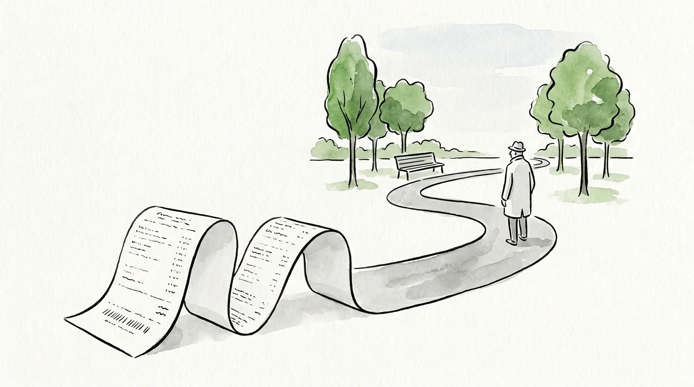 A minimalist illustration of a person walking on a path made from a long receipt, symbolizing budget tracking.