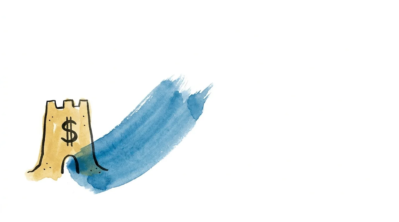 A minimalist illustration of a wave about to wash over a sandcastle with a dollar sign inside.