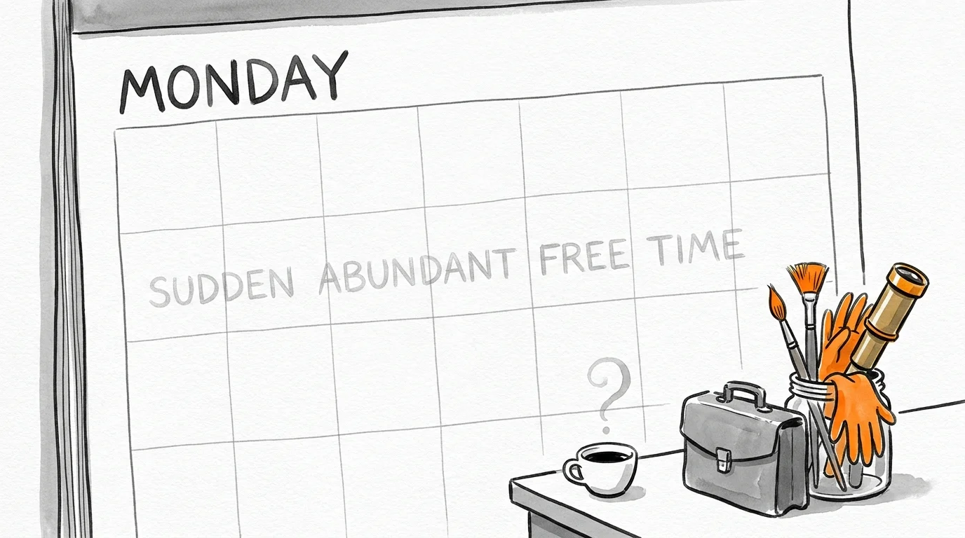 A minimalist illustration of an empty calendar page next to unused hobby tools, symbolizing the search for purpose in retirement.