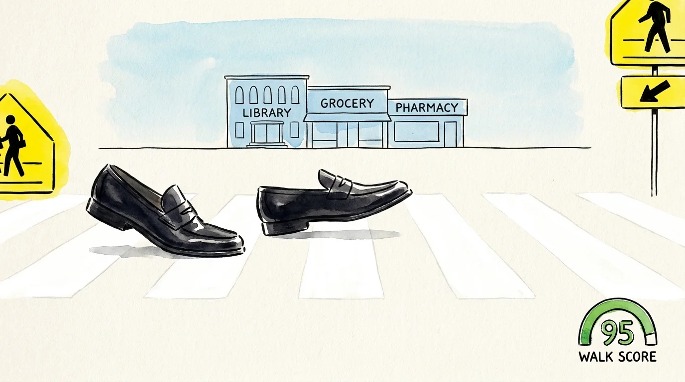 A minimalist illustration of walking shoes on a crosswalk with a pharmacy, grocery, and library all within a short distance.