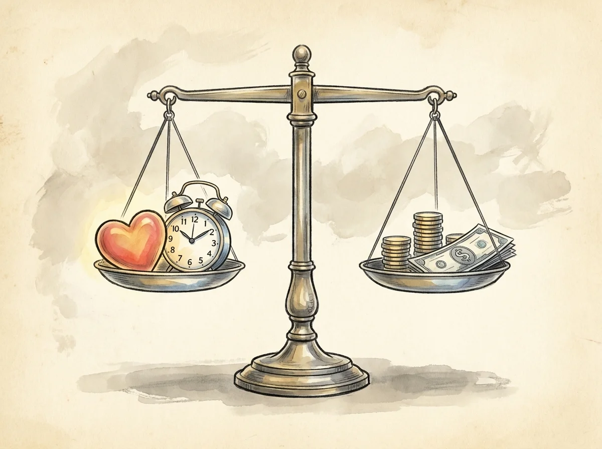 A minimalist watercolor illustration of a scale balancing a heart and clock against a stack of gold coins.