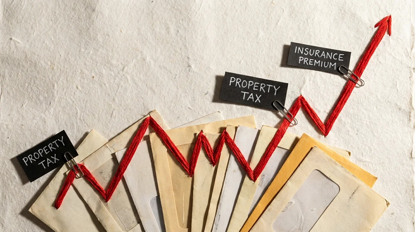 A mixed-media art piece featuring tax bills and a red thread forming a sharply rising graph line.