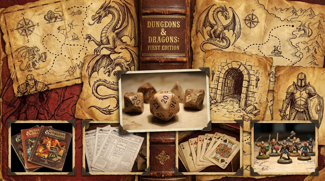 A mixed-media collage featuring polyhedral dice, fantasy maps, and a first-edition rulebook.