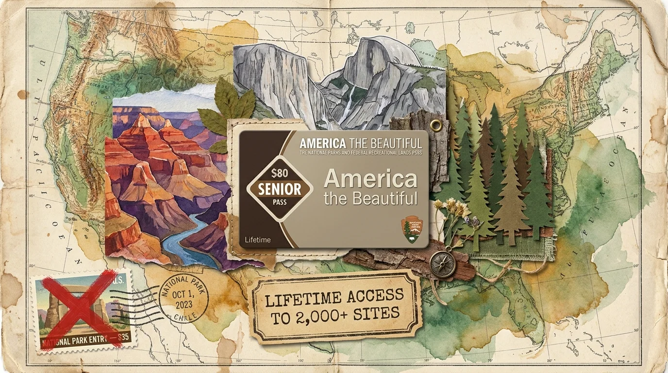 A mixed media collage featuring the $80 America the Beautiful Senior Pass surrounded by national park motifs and topographical maps.