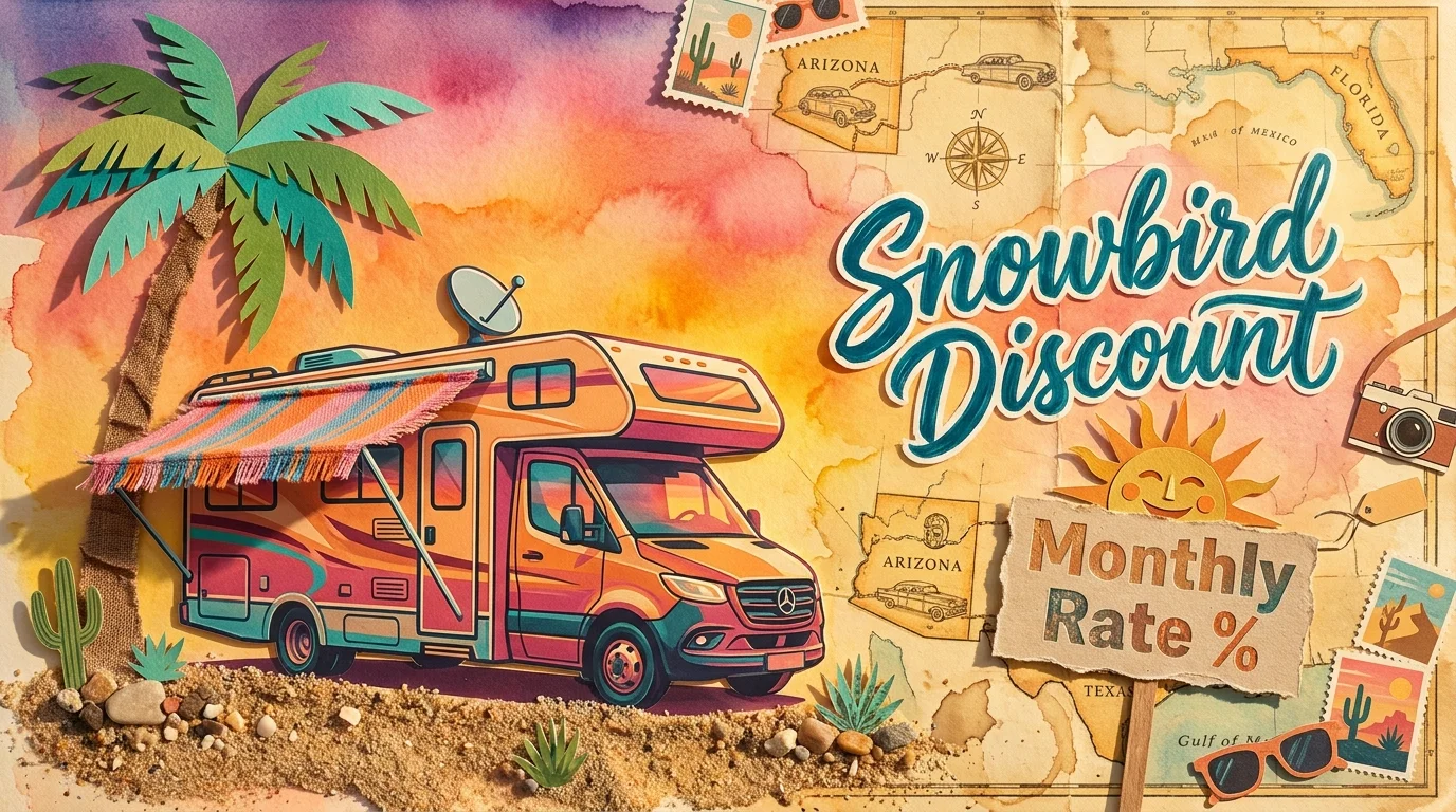 A mixed media collage of an RV, palm trees, and a sun belt map, symbolizing snowbird resort discounts.