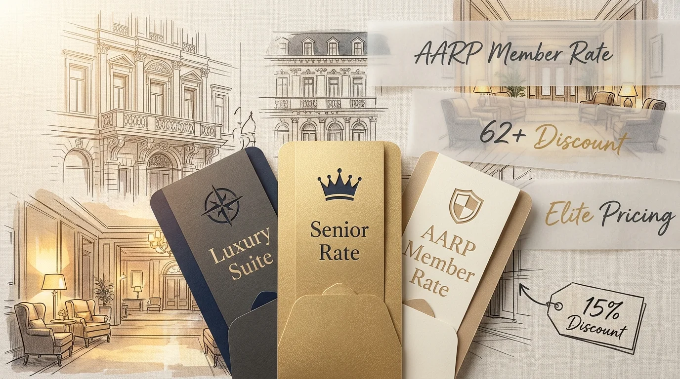 A mixed media collage of hotel key cards and architectural sketches, emphasizing senior loyalty rates.