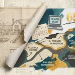 A mixed media collage showing a traditional retirement blueprint being replaced by modern elements like remote work and phased transitions.
