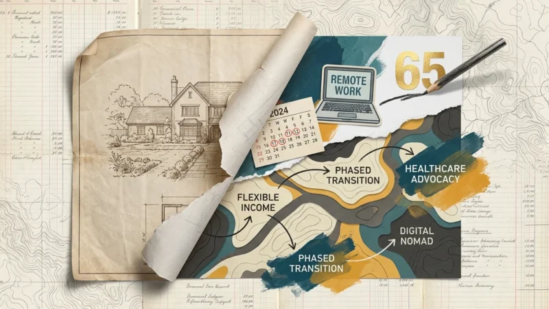 A mixed media collage showing a traditional retirement blueprint being replaced by modern elements like remote work and phased transitions.