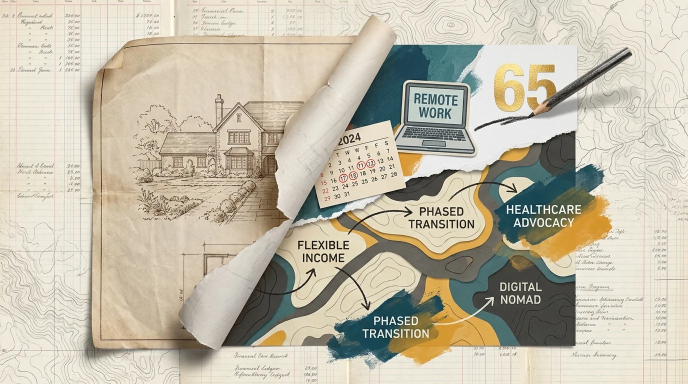 A mixed media collage showing a traditional retirement blueprint being replaced by modern elements like remote work and phased transitions.