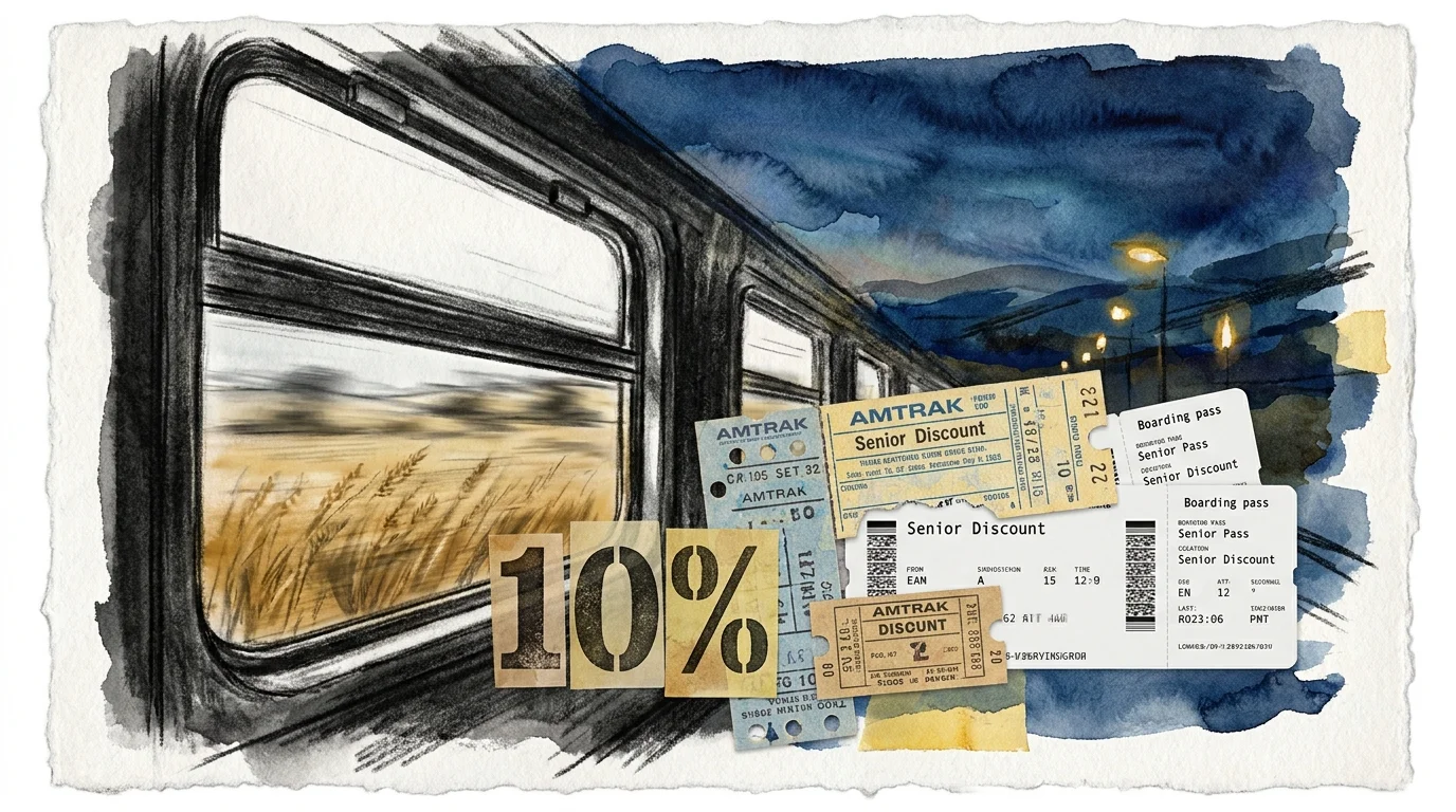 A mixed media illustration of a train window with a 10% discount symbol and vintage rail tickets.
