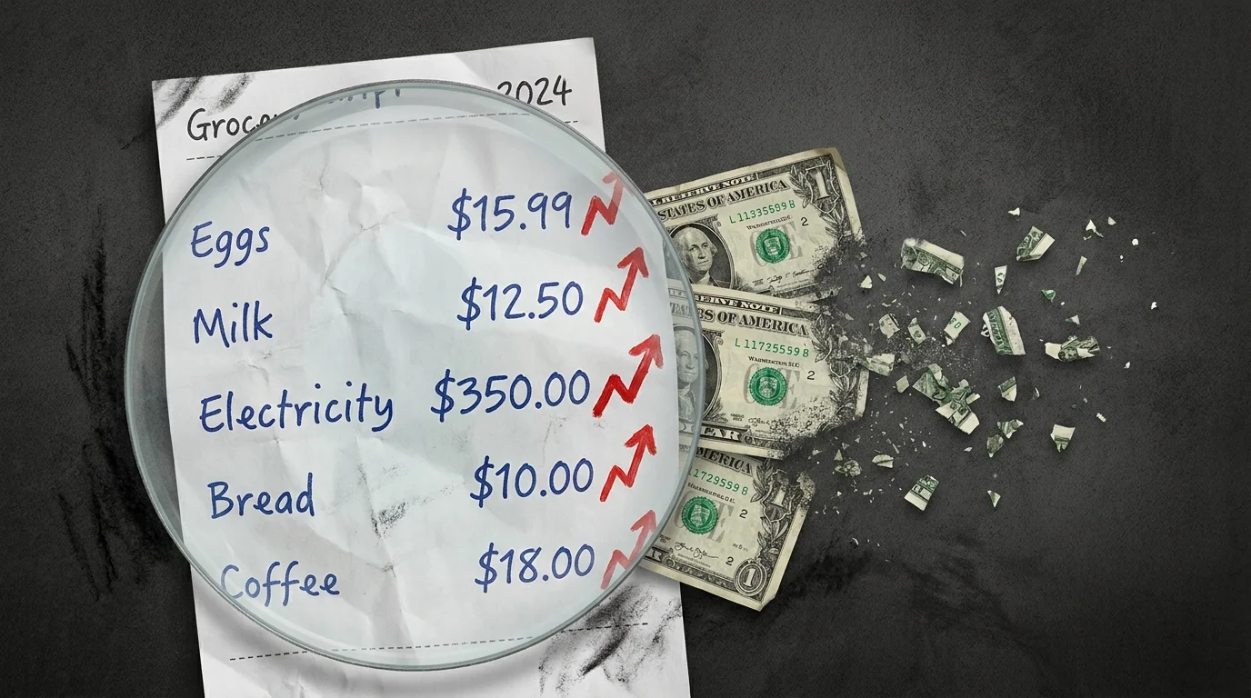 A mixed media image of a grocery receipt under a magnifying glass with shrinking dollar bills, illustrating inflation.