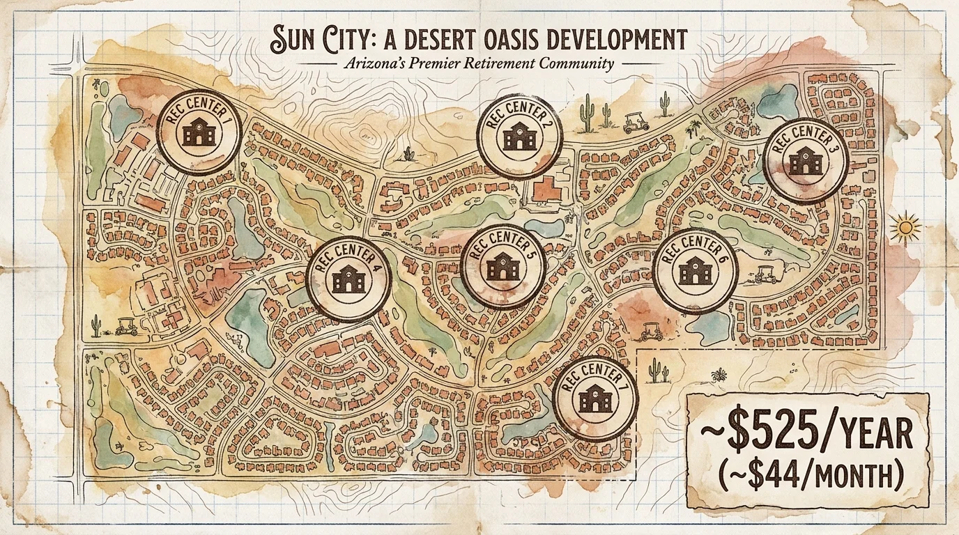 A mixed media map illustrating the seven recreation centers and low $44 monthly fee of Sun City, Arizona.