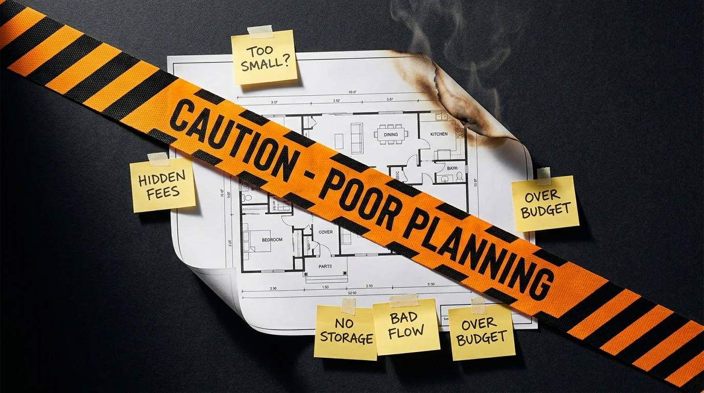 A mixed-media piece with caution tape draped over a house floor plan, representing common downsizing mistakes.