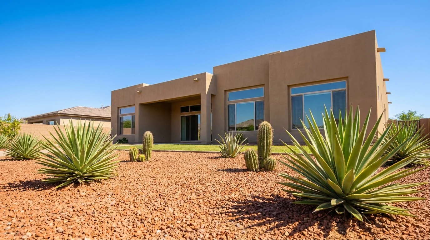 A modern single-story home with desert landscaping and cacti under a bright blue Arizona sky.