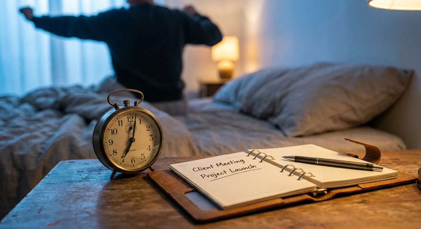 A morning scene showing an alarm clock set to 7:00 AM and a planner with work notes, symbolizing a return to structure.
