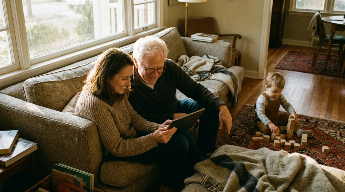 A multi-generational family scene showing an adult daughter and her father looking at a tablet while a child plays nearby.