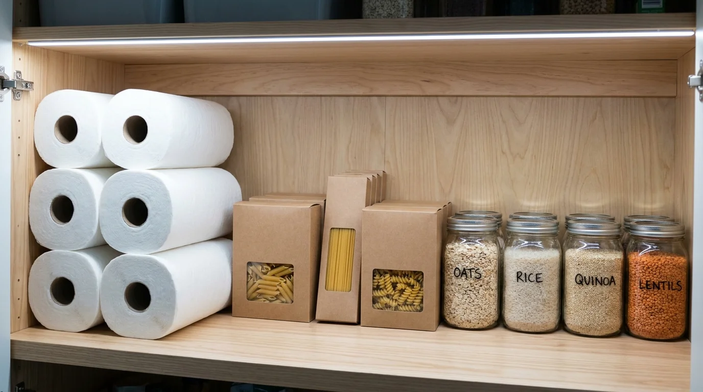 A neatly organized pantry shelf stocked with bulk paper towels and pasta, symbolizing household savings.