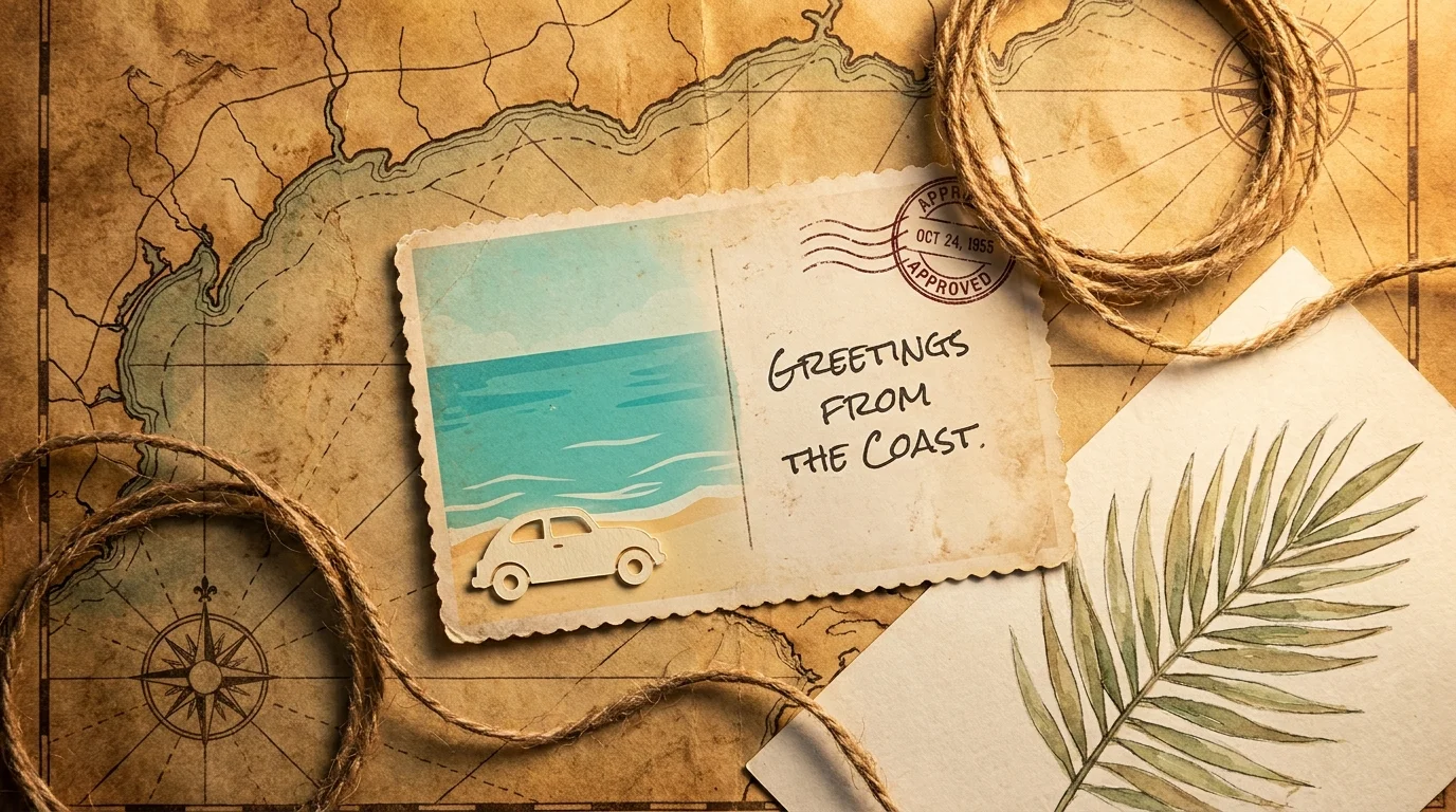A nostalgic collage of a tropical postcard, a map, and a paper-cut car, representing affordable travel packages.