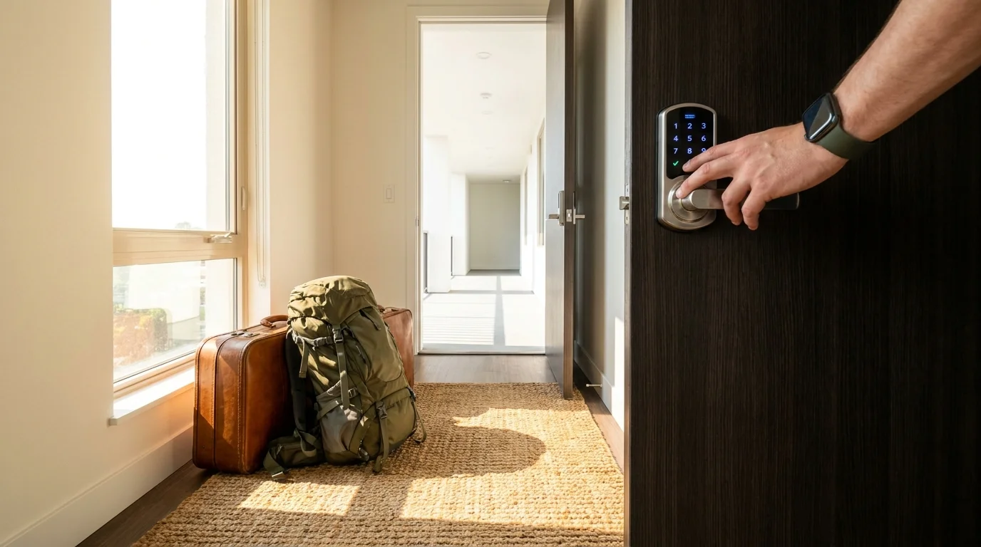 A pair of suitcases by the door of a modern condo with a hand locking a smart lock, representing the 'lock and leave' travel lifestyle.