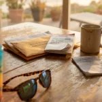 A pair of sunglasses and a tropical drink sitting next to a stack of Social Security and Medicare documents on a wooden table.