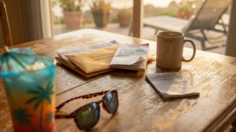 A pair of sunglasses and a tropical drink sitting next to a stack of Social Security and Medicare documents on a wooden table.