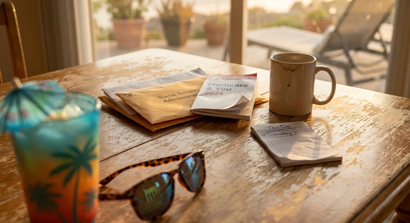 A pair of sunglasses and a tropical drink sitting next to a stack of Social Security and Medicare documents on a wooden table.