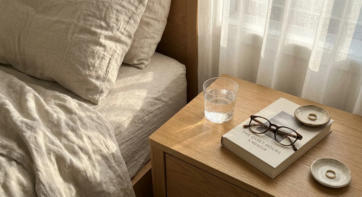 A peaceful bedside scene with a book and water, showing the absence of an alarm clock in a retiree's bedroom.