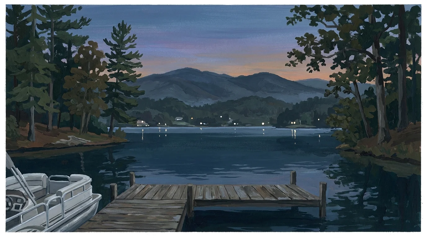 A peaceful gouache painting of a mountain lake with a wooden dock and the Smoky Mountains in the background.