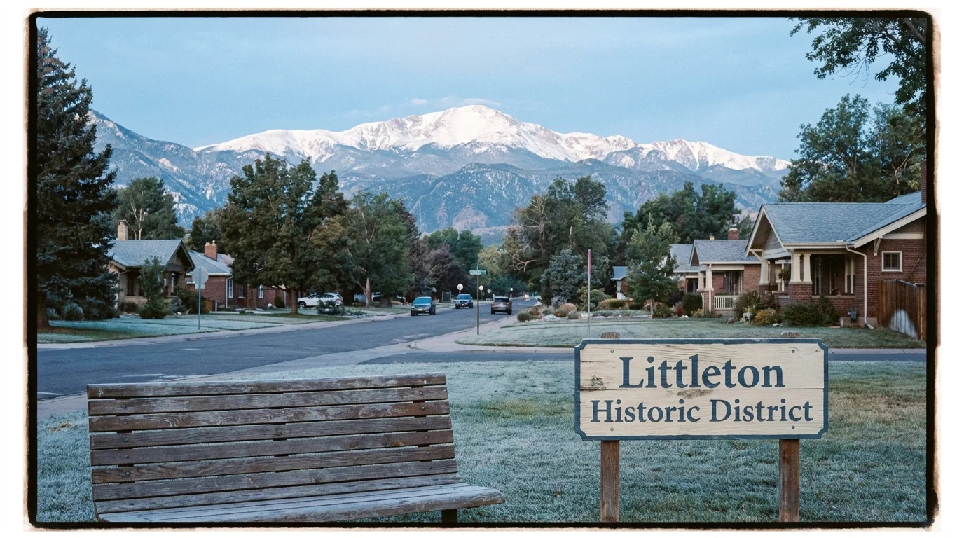 A peaceful suburban street in Littleton with the snow-capped Rocky Mountains in the distant background.