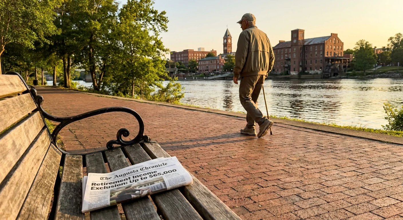 A peaceful view of the Augusta riverfront with a newspaper headline mentioning Georgia's retirement income exclusion.