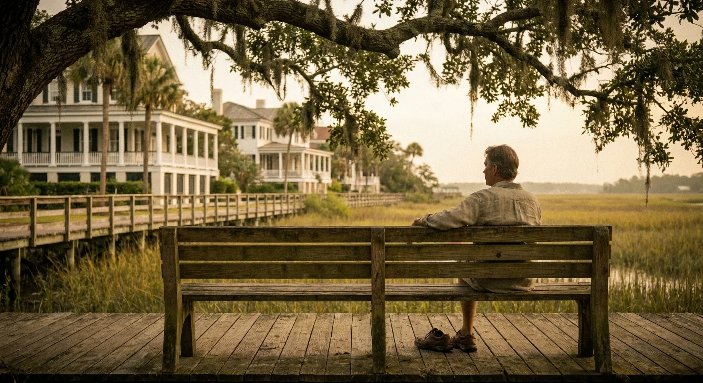 A peaceful waterfront view in Beaufort, South Carolina, with Spanish moss hanging from an oak tree and historic homes in the distance.