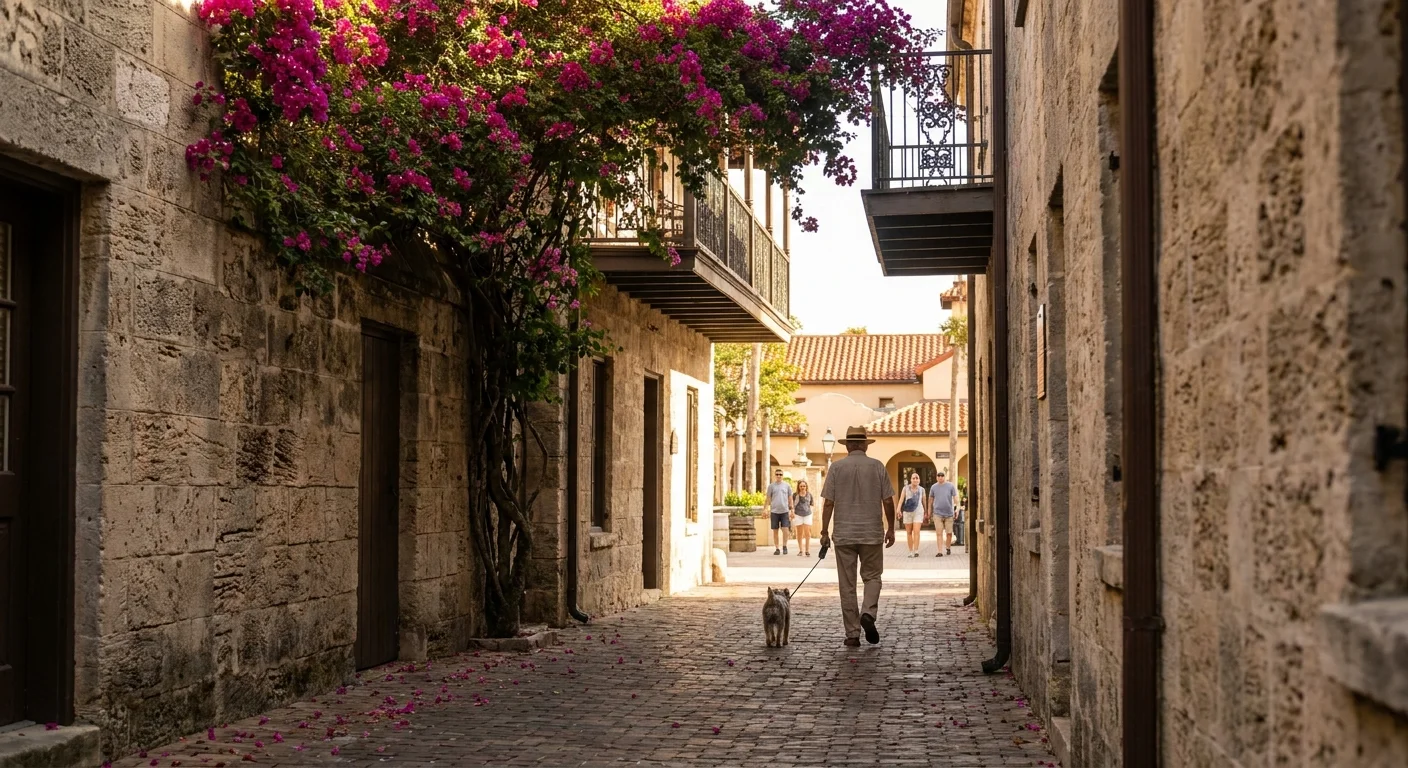 A pedestrian walks through a historic, narrow coquina stone street in St. Augustine, Florida, under a bright blue sky.