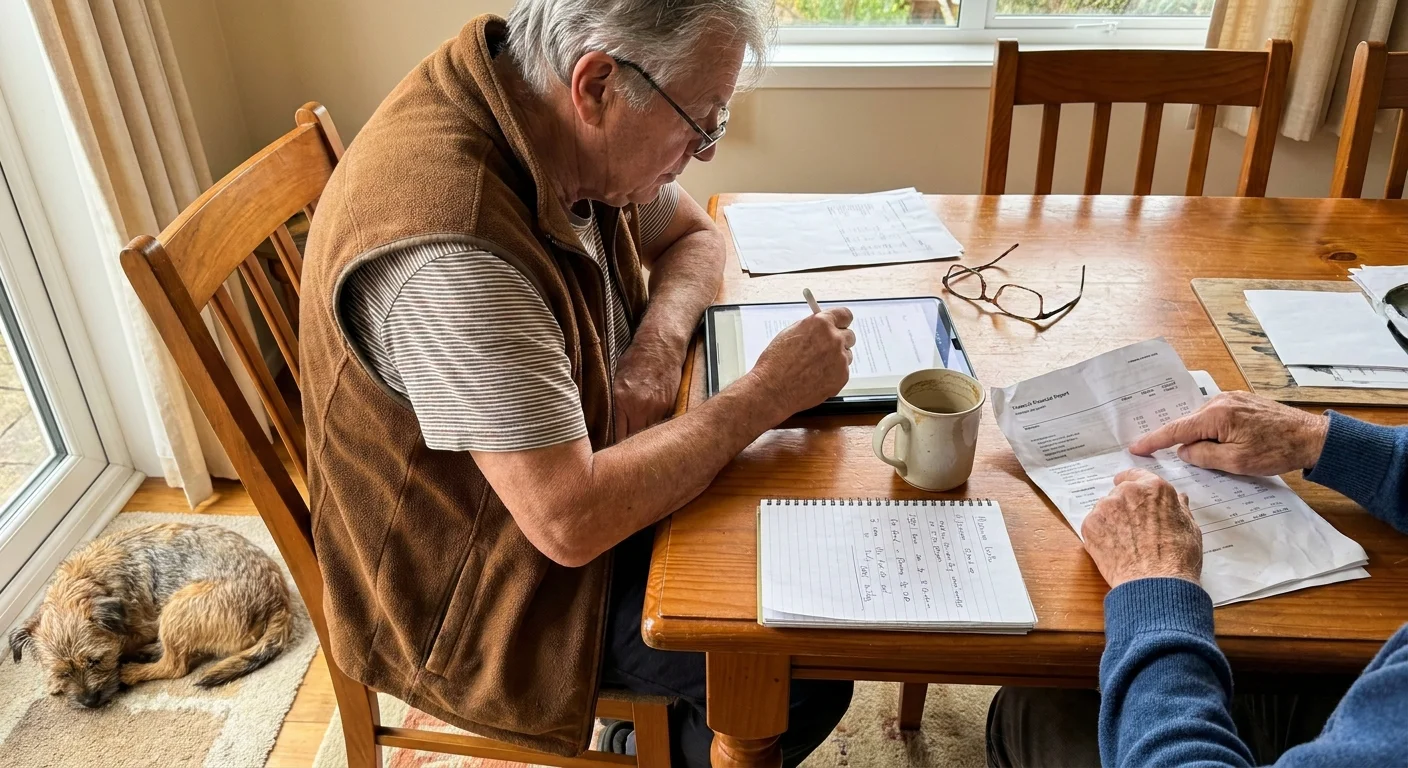 A person at their kitchen table reviewing financial documents with an advisor, shown in a natural, home setting.