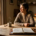 A person in their late 50s sits at a wooden kitchen table with a retirement checklist and a cup of coffee, looking thoughtfully out a window