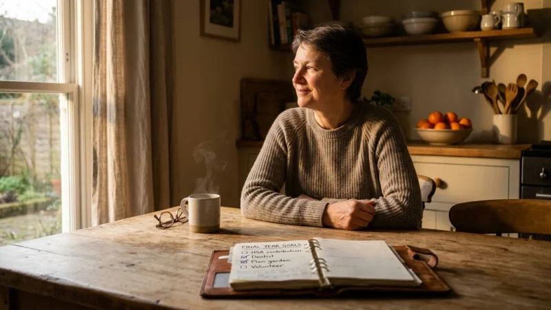 A person in their late 50s sits at a wooden kitchen table with a retirement checklist and a cup of coffee, looking thoughtfully out a window
