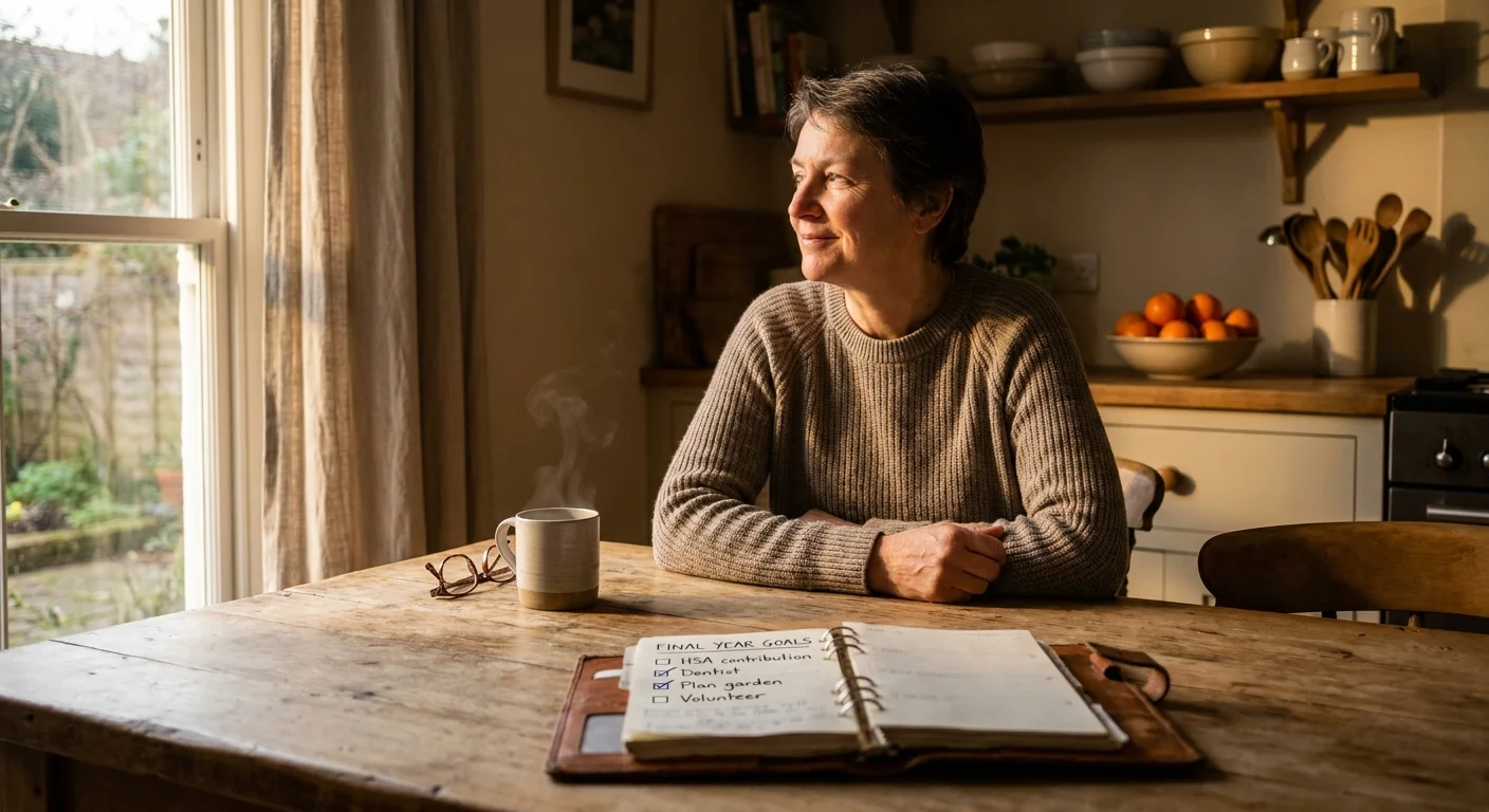 A person in their late 50s sits at a wooden kitchen table with a retirement checklist and a cup of coffee, looking thoughtfully out a window