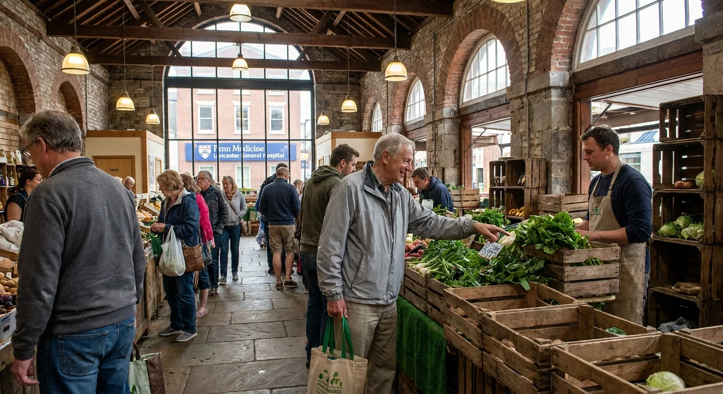 A person shops for fresh produce inside the historic Lancaster Central Market with a view of the nearby hospital through the window.