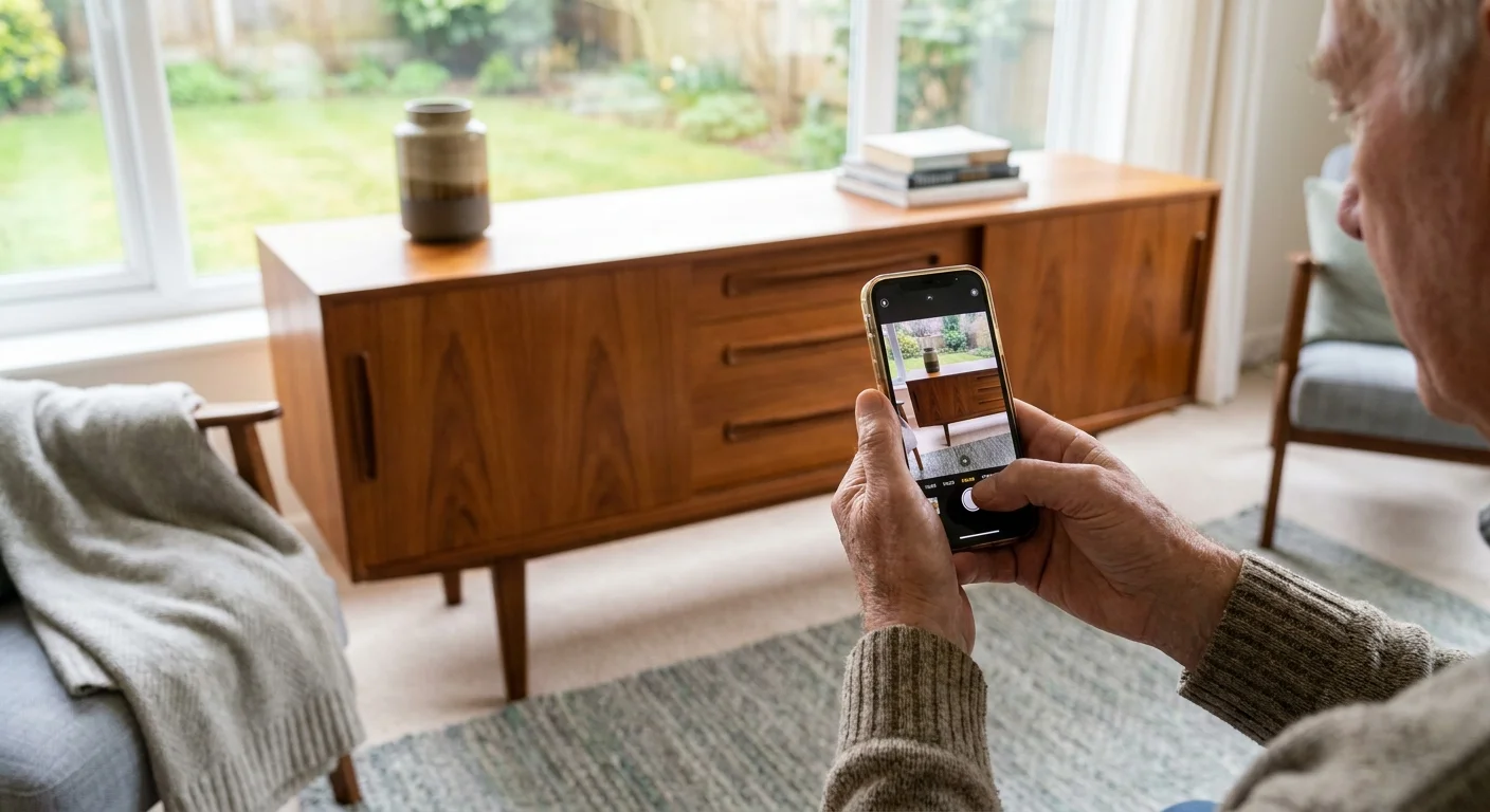 A person uses a smartphone to take a photograph of a mid-century modern teak sideboard in a brightly lit room.