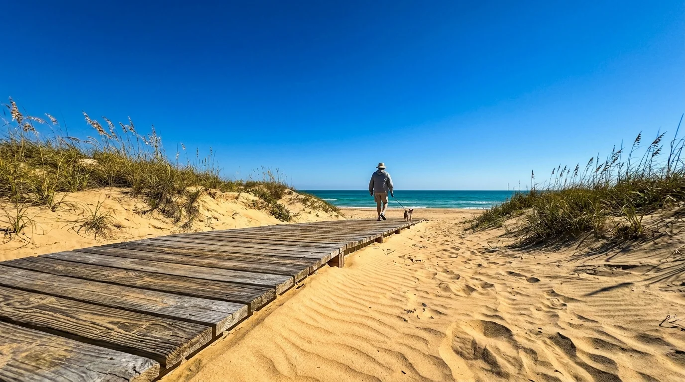 A person walks a dog on a boardwalk through the scenic sand dunes of South Padre Island, Texas.