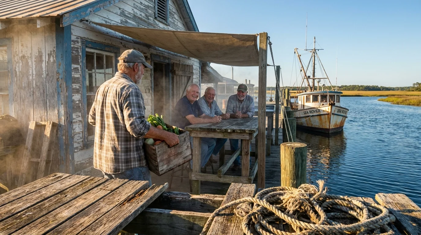 A person walks along a rustic fishing dock in Calabash, North Carolina, with a small boat in the background.
